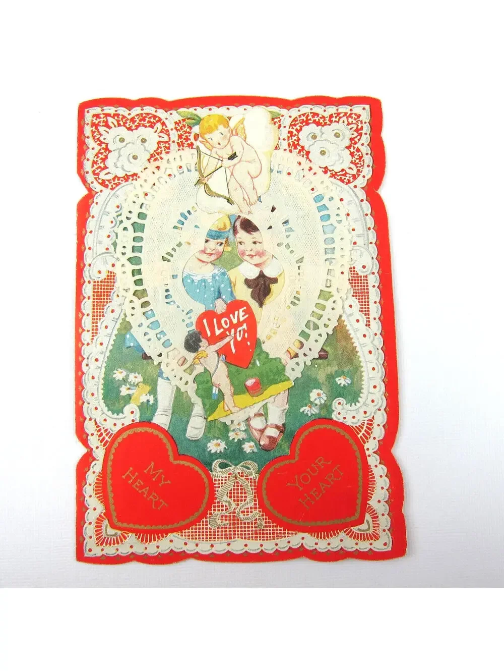 Antique Valentine Blonde Girl Blue Dress Boy Swing Cupid Daisy Flowers UNSIGNED